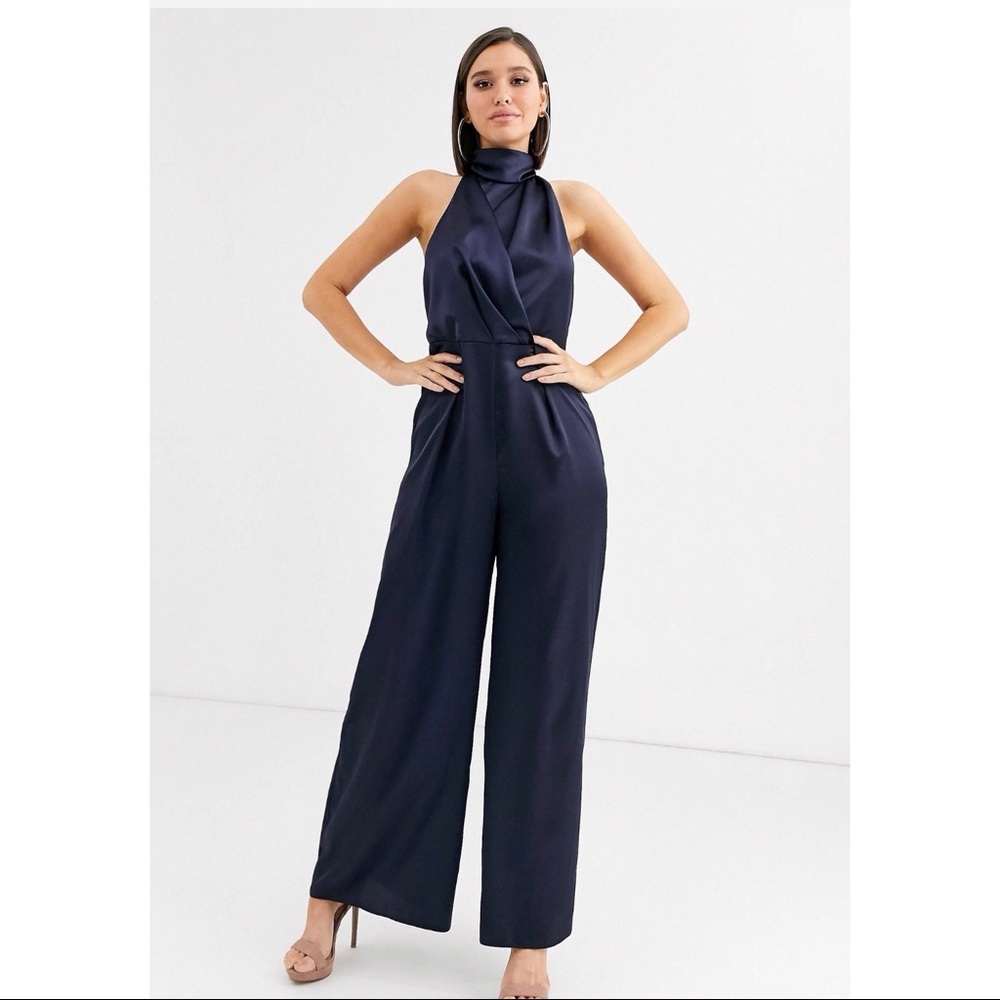 Navy ASOS Satin Jumpsuit with haltered neck and wide leg